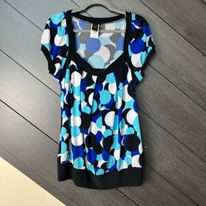 Wrapper Women's Geometric Polka Dot Stretch Blouse XL Blue Black Retro Y2K